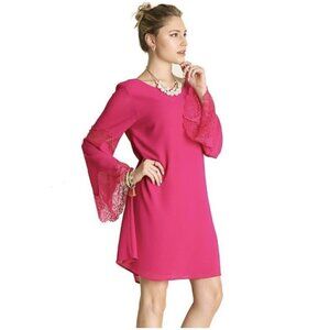 Umgee Pink Lace Chiffon Bell Sleeve Swing Dress Strap Back Cut Out Boho Sz S